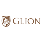 Glion logo featuring a shield design with a globe and star elements in brown and white.
